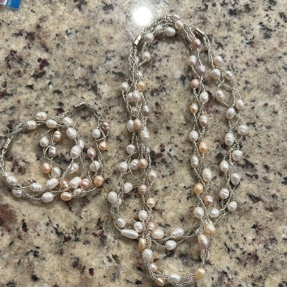 Elegant Multi-Strand Pearl Necklace and Bracelet Set